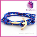 Hot selling fashion nylon nautical rope women men gold color anchor bracelet